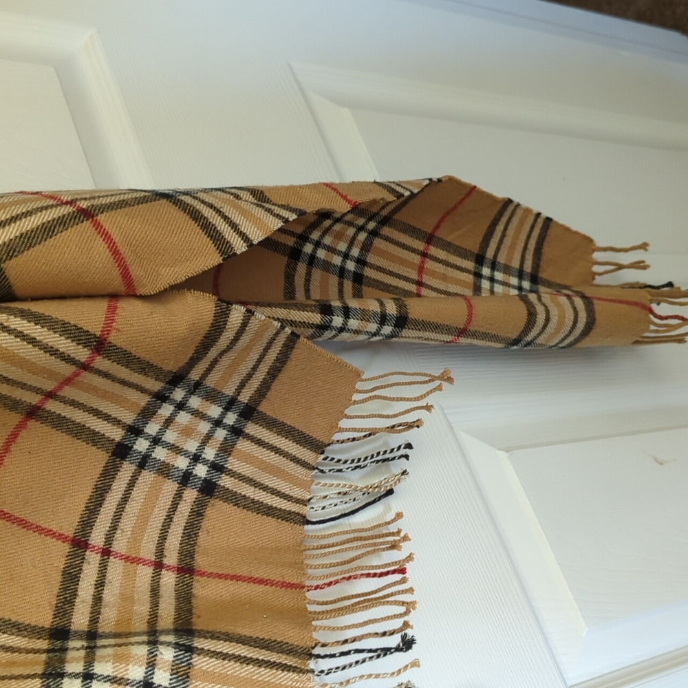 Burberry-style plaid cashmere scarf